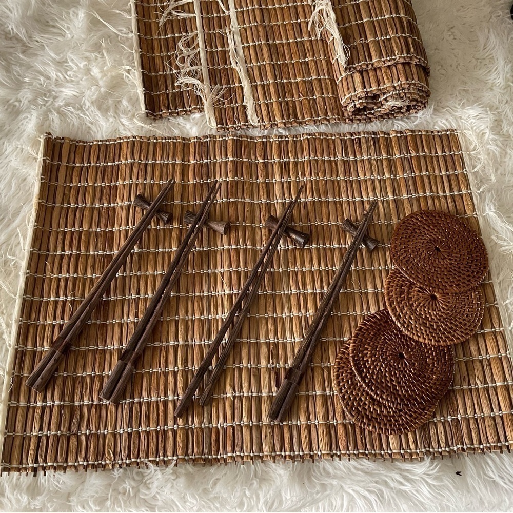 Balinese Placemats Set‎ Wooden Chopsticks Reed Sushi Mats Coasters Table Setting